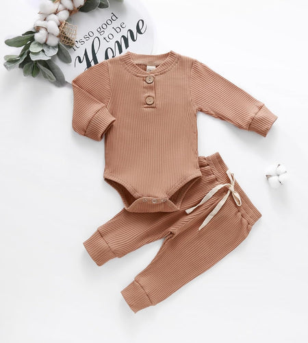 Newborn Baby Boy Girl Clothes Ribbed Knitted Cotton Long Sleeve Romper Long Pants Solid Color Fall Winter Outfits