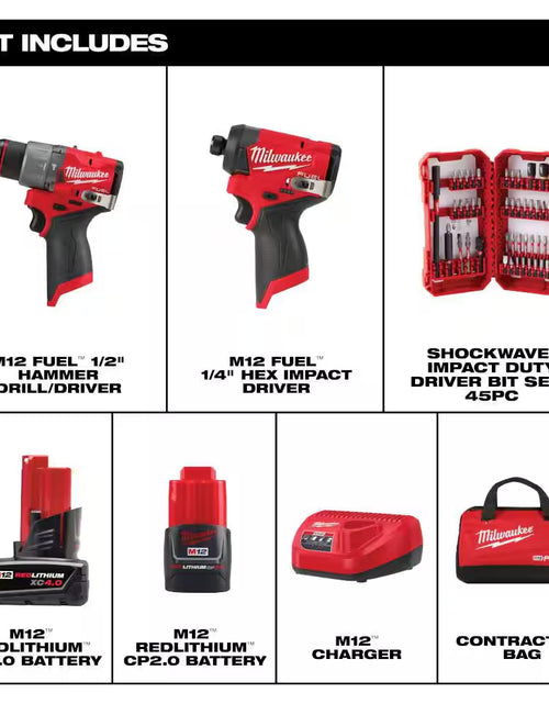 Load image into Gallery viewer, M12 FUEL 12-Volt Lithium-Ion Brushless Cordless Hammer Drill &amp; Impact Driver Combo Kit (2-Tool) with Bit Set (45-Piece)
