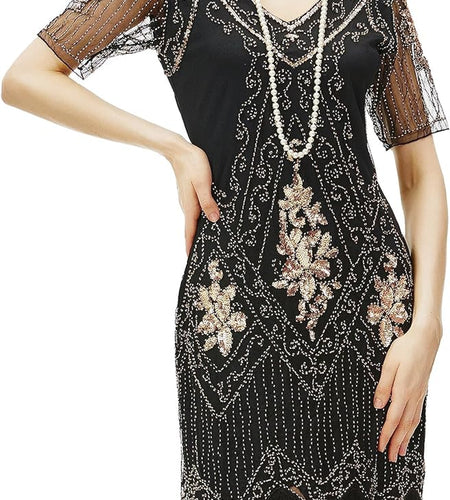 1920S Art Deco Fringed Sequin Dress Roaring 20S Flapper Fancy Dress Gatsby Costume Dress